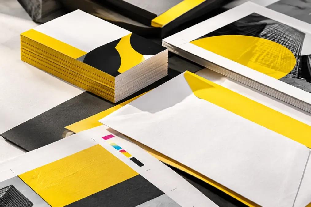 A stack of yellow-edged visiting cards beside printed envelopes and sheets with colour bars