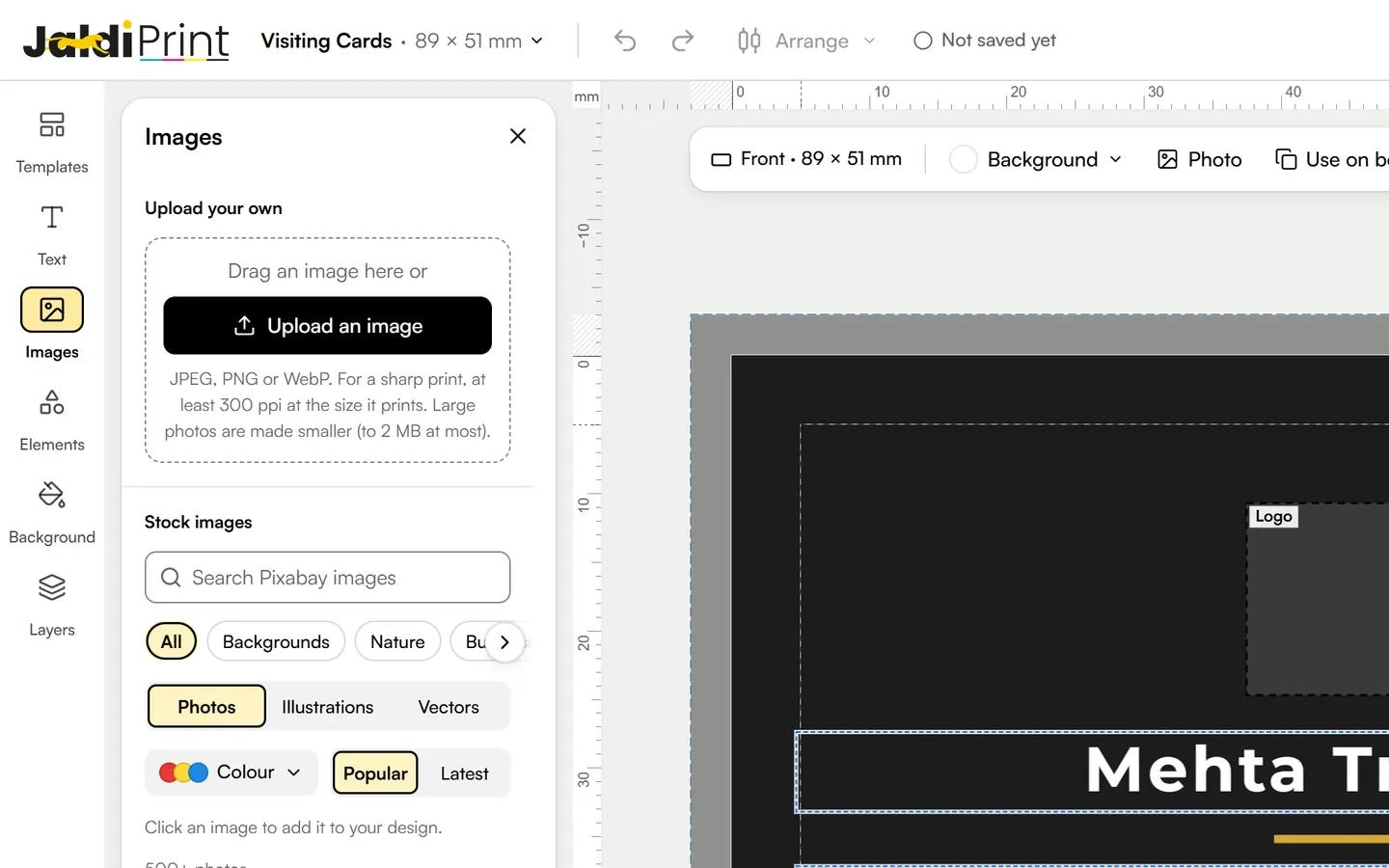 The Images panel with an upload button and stock photos